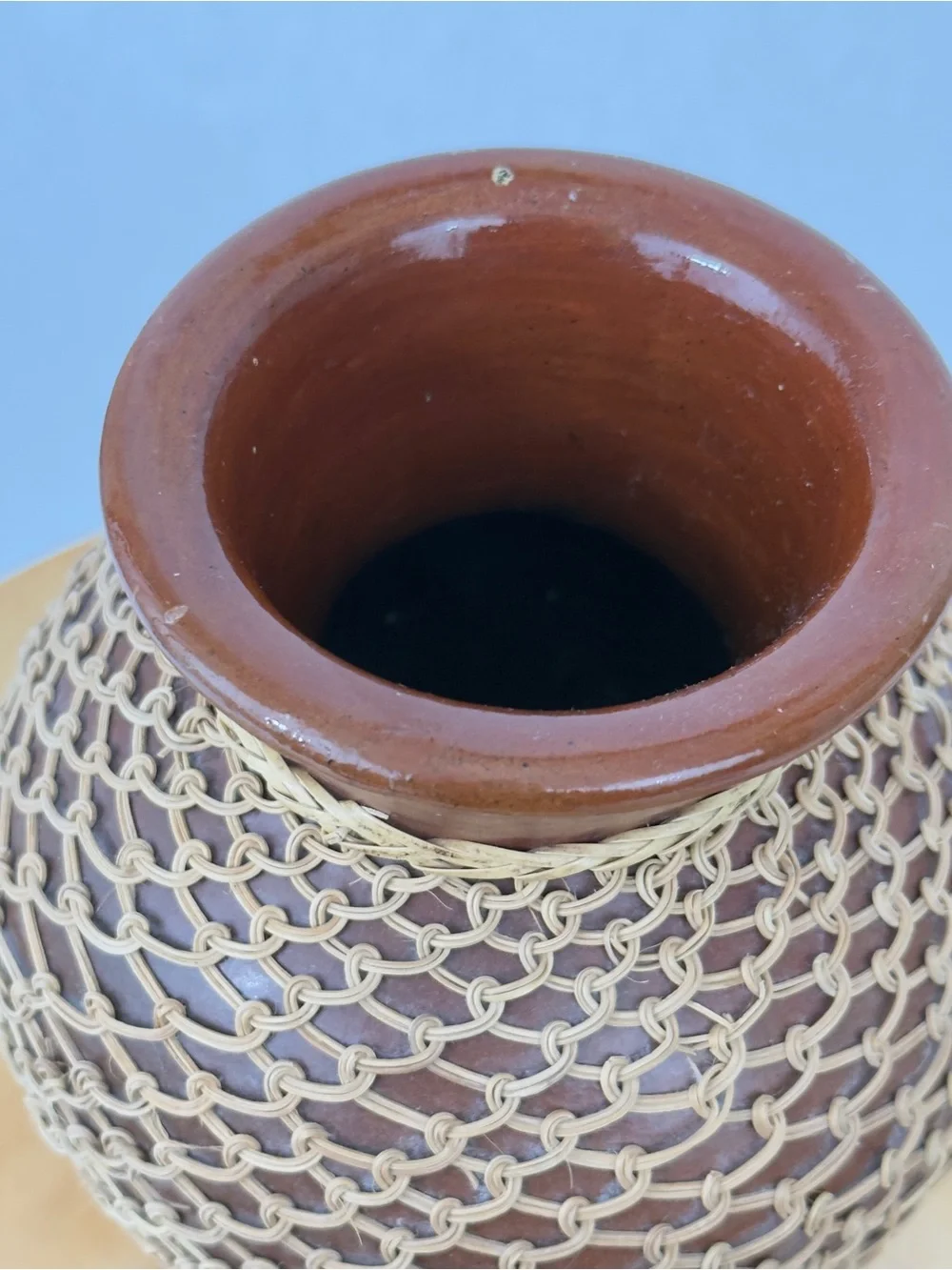 Vintage Woven Wicker Overlay/ Rattan Netted Red Clay Pottery Vase